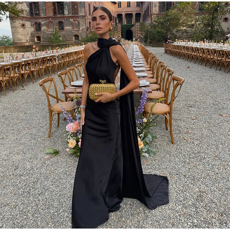 Vestido de fiesta sexy con lazo de satén para mujer, elegante, con cuello halter, espalda descubierta, hombros descubiertos, sin mangas, para mujer, verano 2024, bata lisa. 