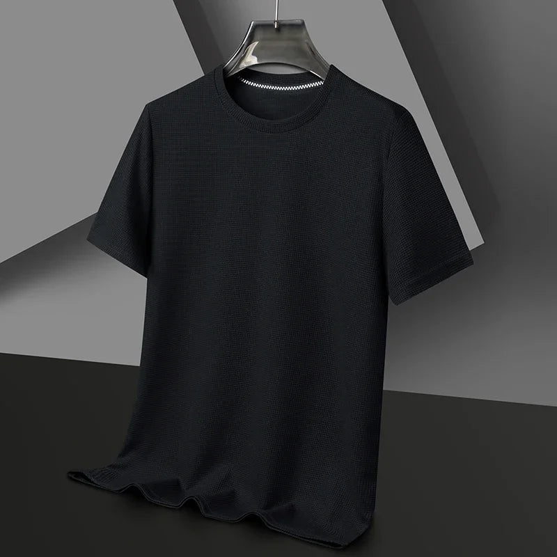 Polo de manga corta. Polo liso tipo gofre de manga corta con cuello redondo para hombre, camiseta de algodón de manga corta para uso diario.