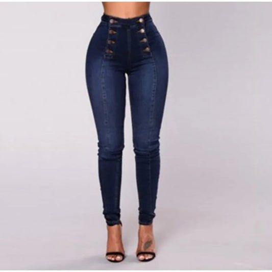 Pantalones vaqueros elásticos sexys para mujer, de cintura alta, con doble botonadura, ajustados, con cintura elástica, ajustados y a la moda.