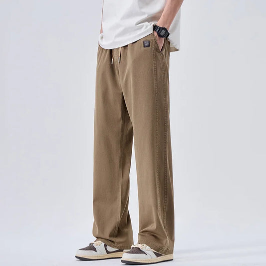 Pantalones vaqueros suaves de marca para hombre, de primavera, finos, drapeados, cómodos, rectos, con cordón, holgados, estilo urbano 