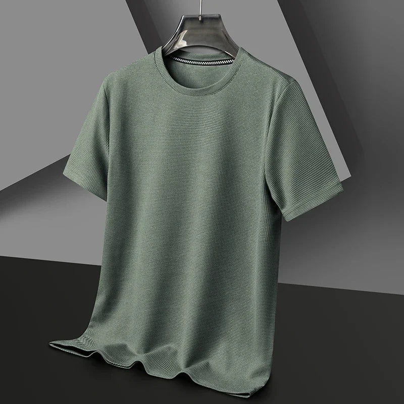 Polo de manga corta. Polo liso tipo gofre de manga corta con cuello redondo para hombre, camiseta de algodón de manga corta para uso diario.