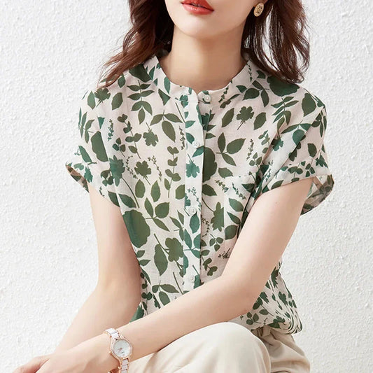 Blusas de verano para mujer, blusas informales de manga corta con cuello alto y estampado de flores 