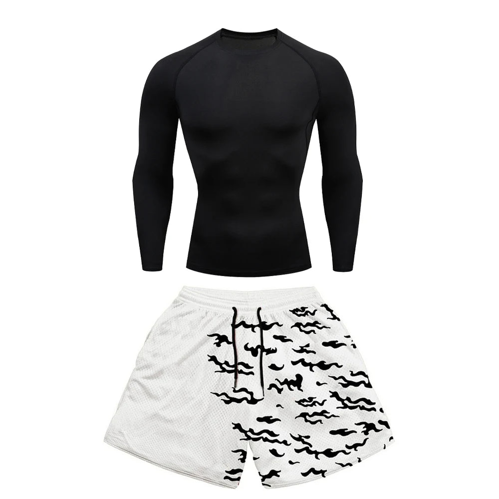 Conjunto deportivo de compresión de anime para hombre, 2 piezas, camiseta de compresión gótica de secado rápido + pantalones cortos de gimnasio Harajuku 2 en 1 de verano 