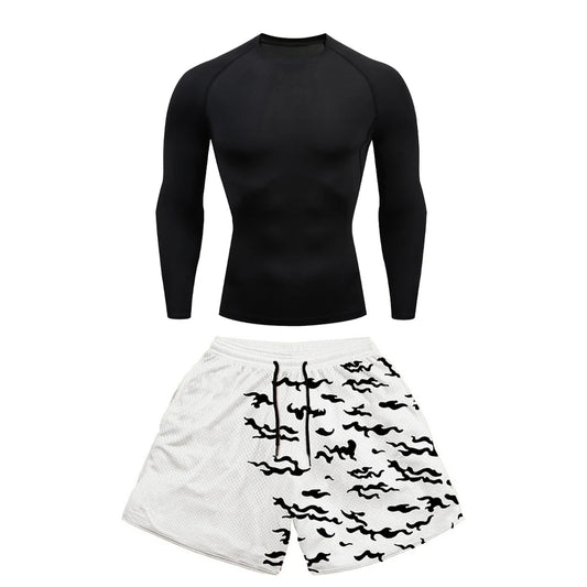 Conjunto deportivo de compresión de anime para hombre, 2 piezas, camiseta de compresión gótica de secado rápido + pantalones cortos de gimnasio Harajuku 2 en 1 de verano 
