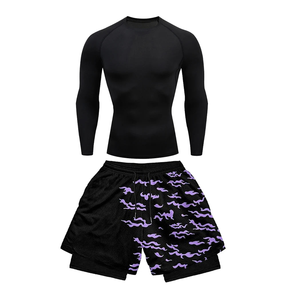 Conjunto deportivo de compresión de anime para hombre, 2 piezas, camiseta de compresión gótica de secado rápido + pantalones cortos de gimnasio Harajuku 2 en 1 de verano 