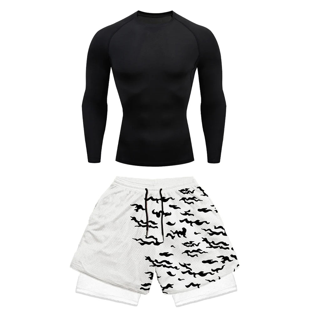 Conjunto deportivo de compresión de anime para hombre, 2 piezas, camiseta de compresión gótica de secado rápido + pantalones cortos de gimnasio Harajuku 2 en 1 de verano 