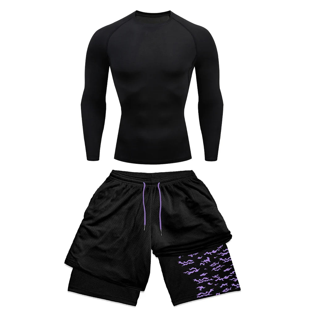 Conjunto deportivo de compresión de anime para hombre, 2 piezas, camiseta de compresión gótica de secado rápido + pantalones cortos de gimnasio Harajuku 2 en 1 de verano 