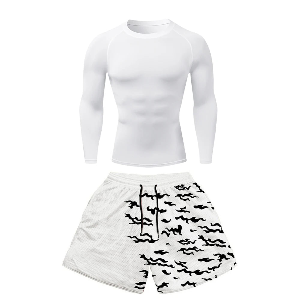 Conjunto deportivo de compresión de anime para hombre, 2 piezas, camiseta de compresión gótica de secado rápido + pantalones cortos de gimnasio Harajuku 2 en 1 de verano 
