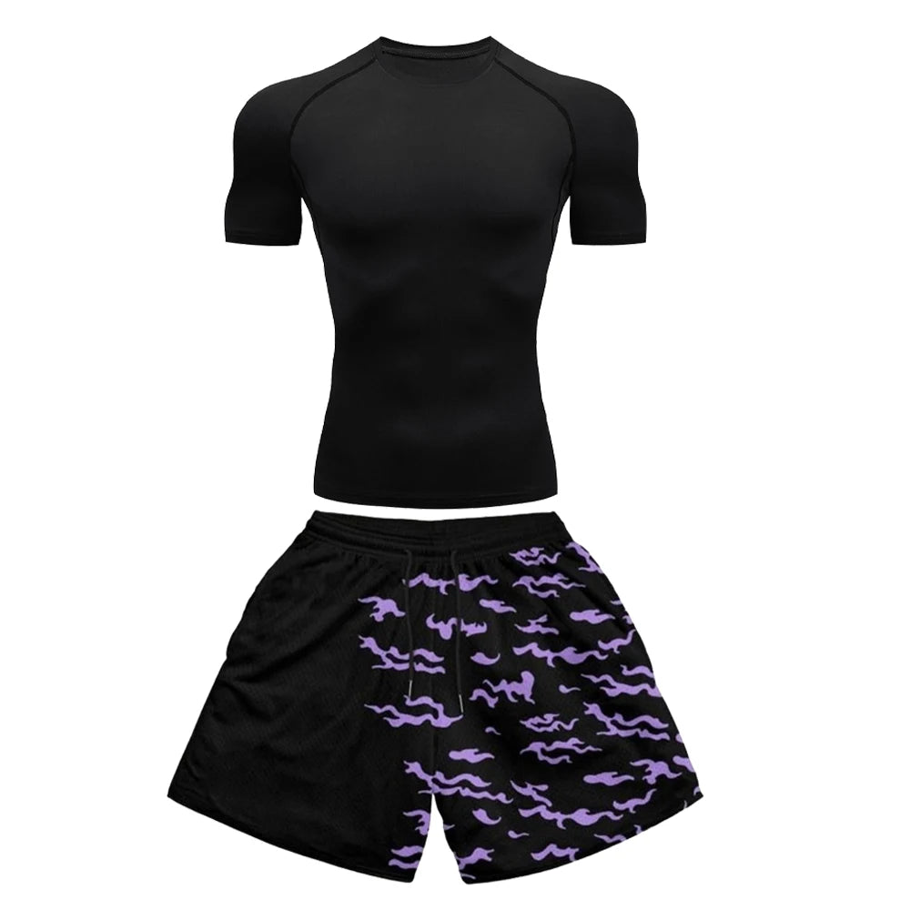 Conjunto deportivo de compresión de anime para hombre, 2 piezas, camiseta de compresión gótica de secado rápido + pantalones cortos de gimnasio Harajuku 2 en 1 de verano 