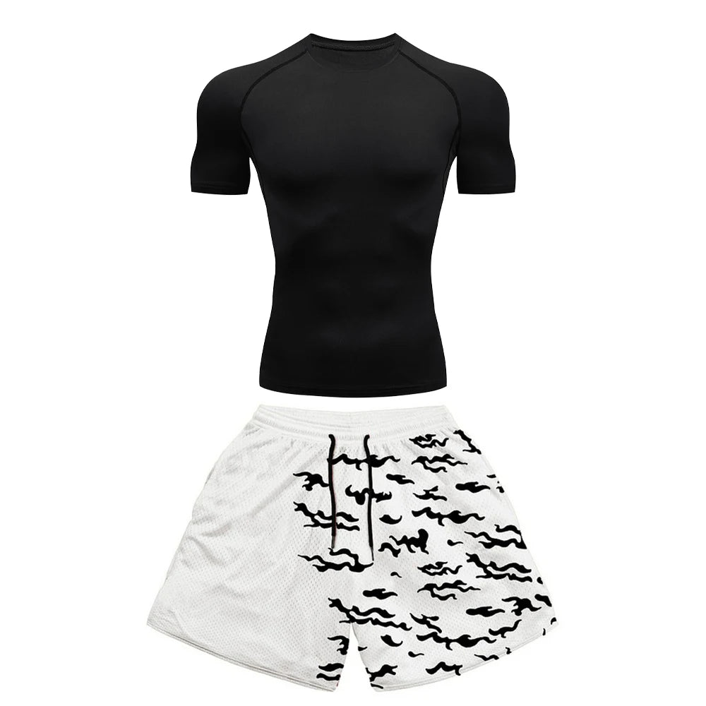 Conjunto deportivo de compresión de anime para hombre, 2 piezas, camiseta de compresión gótica de secado rápido + pantalones cortos de gimnasio Harajuku 2 en 1 de verano 
