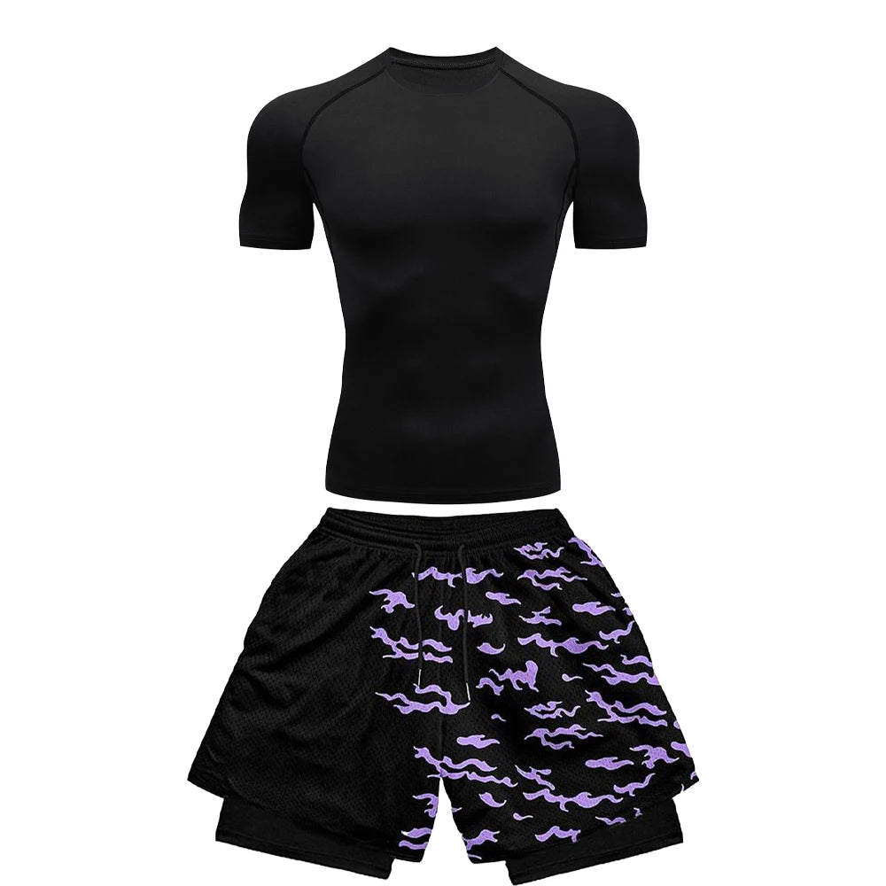 Conjunto deportivo de compresión de anime para hombre, 2 piezas, camiseta de compresión gótica de secado rápido + pantalones cortos de gimnasio Harajuku 2 en 1 de verano 