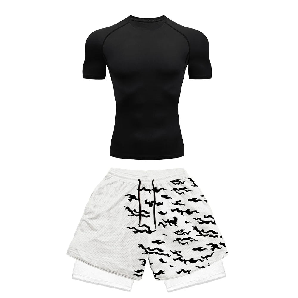 Conjunto deportivo de compresión de anime para hombre, 2 piezas, camiseta de compresión gótica de secado rápido + pantalones cortos de gimnasio Harajuku 2 en 1 de verano 