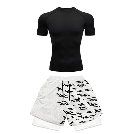 Conjunto deportivo de compresión de anime para hombre, 2 piezas, camiseta de compresión gótica de secado rápido + pantalones cortos de gimnasio Harajuku 2 en 1 de verano 