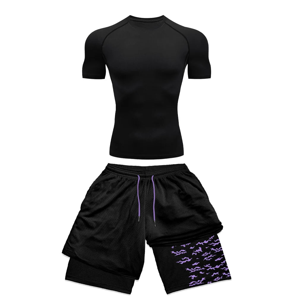 Conjunto deportivo de compresión de anime para hombre, 2 piezas, camiseta de compresión gótica de secado rápido + pantalones cortos de gimnasio Harajuku 2 en 1 de verano 