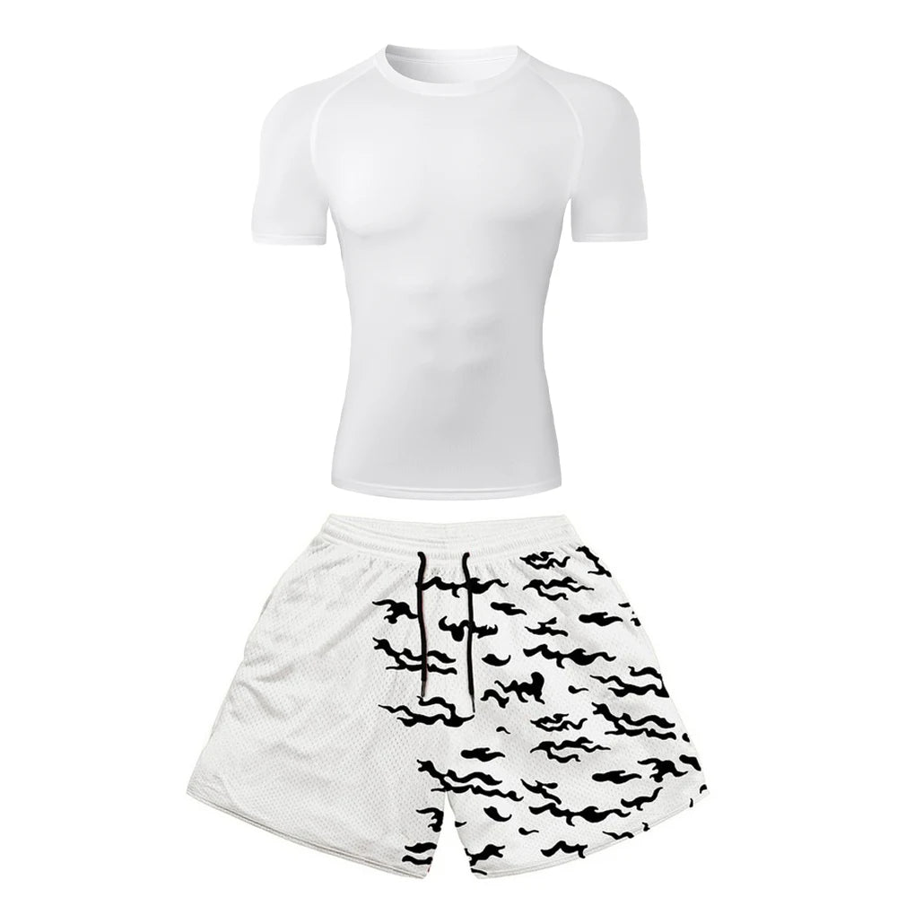 Conjunto deportivo de compresión de anime para hombre, 2 piezas, camiseta de compresión gótica de secado rápido + pantalones cortos de gimnasio Harajuku 2 en 1 de verano 