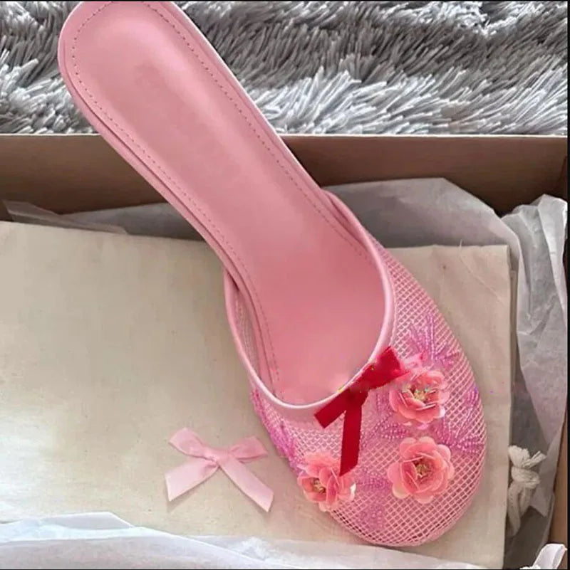 Sandalias de malla con estampado floral para mujer, con tacón fino y sexy, sin cordones 