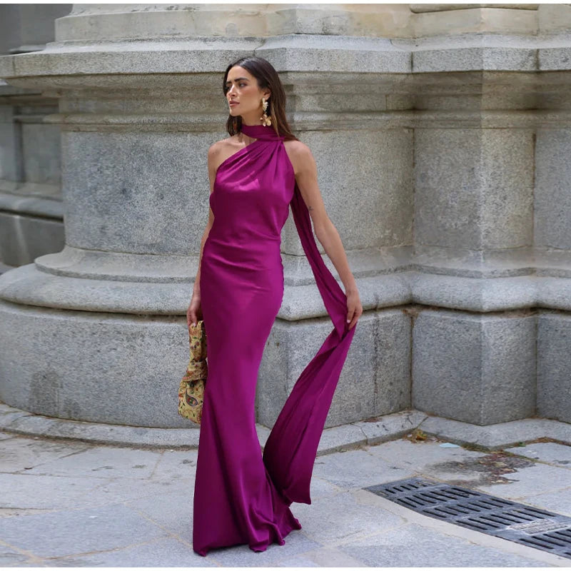 Vestido de fiesta sexy con lazo de satén para mujer, elegante, con cuello halter, espalda descubierta, hombros descubiertos, sin mangas, para mujer, verano 2024, bata lisa. 