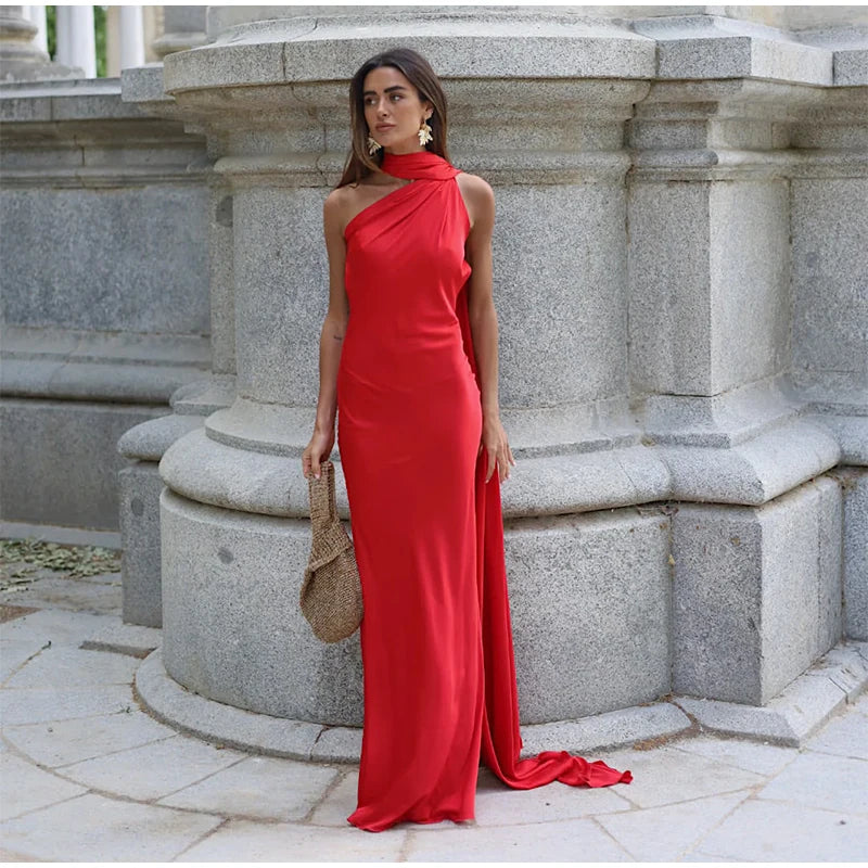 Vestido de fiesta sexy con lazo de satén para mujer, elegante, con cuello halter, espalda descubierta, hombros descubiertos, sin mangas, para mujer, verano 2024, bata lisa. 