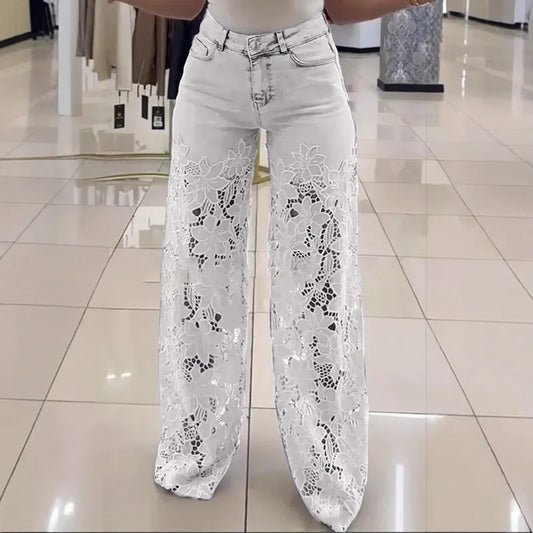 Pantalones vaqueros elásticos de talla grande para mujer con encaje recortado, pantalones anchos de cintura alta, elegantes y chic para verano. 