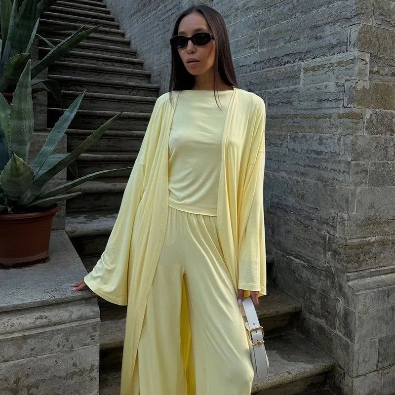 Conjunto de camisa informal, abrigo y pantalón para mujer, camisa lisa con cuello redondo, abrigo largo holgado y pantalones de pierna ancha, moda de verano 2025 para mujer, conjunto de 3 piezas 