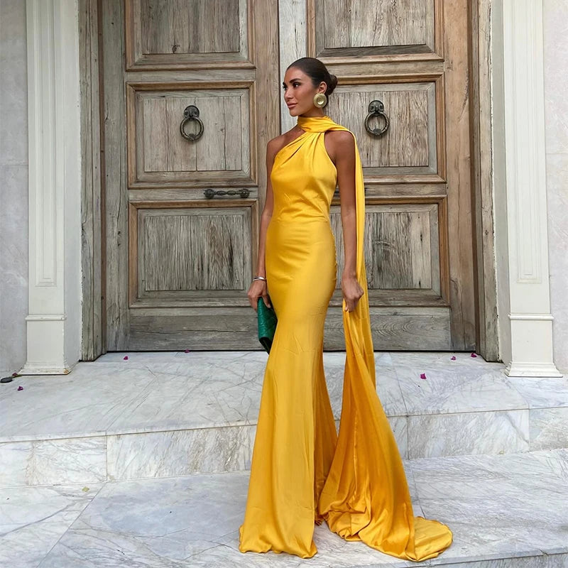 Vestido de fiesta sexy con lazo de satén para mujer, elegante, con cuello halter, espalda descubierta, hombros descubiertos, sin mangas, para mujer, verano 2024, bata lisa. 